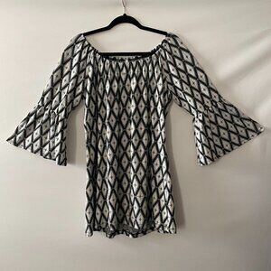 Voll Womens Black White Diamond Off The Shoulder Bell Sleeve Blouse Top Size L